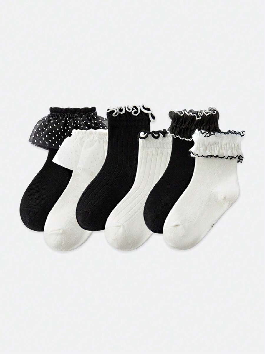 6 双新款黑白袜子，蕾丝边透气不束缚柔软舒适袜子，公主甜美女孩风格，适合 4 个季节 - 彩色 - 查看 1