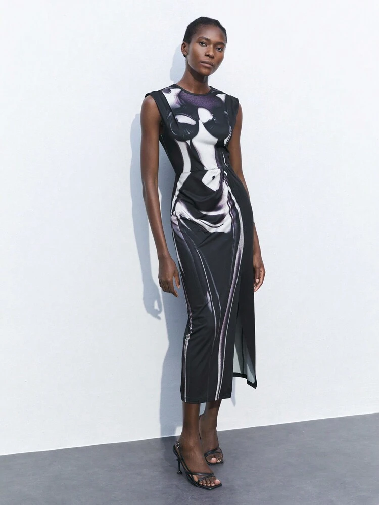 SHEIN Maija Women's Abstract Oil Painting Round Neck Sleeveless Simple Casual Dress