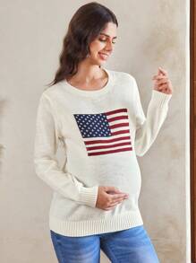 SHEIN Maternity Women 4th Of July American Flag Pattern Round Neck Casual Long Sleeve Sweater, For Winter - White - View 1
