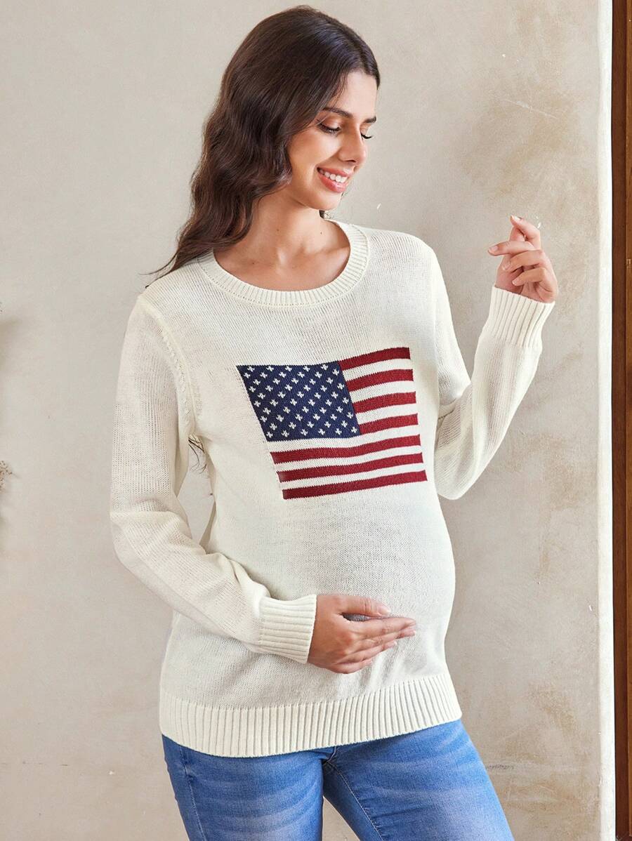 SHEIN Maternity Women 4th Of July American Flag Pattern Round Neck Casual Long Sleeve Sweater, For Winter - White - View 1
