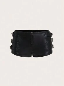 GloRilla x SHEIN ICON Y2k Black Tight Fit PU Low-Waist Decorated Ultra-Short Shorts Rave Festival Outfits