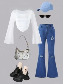 2pcs/Set Teenage Girls Y2K Style Flare Sleeve Top And Simple Flared Jeans Casual Outfit - Multicolor - View 1