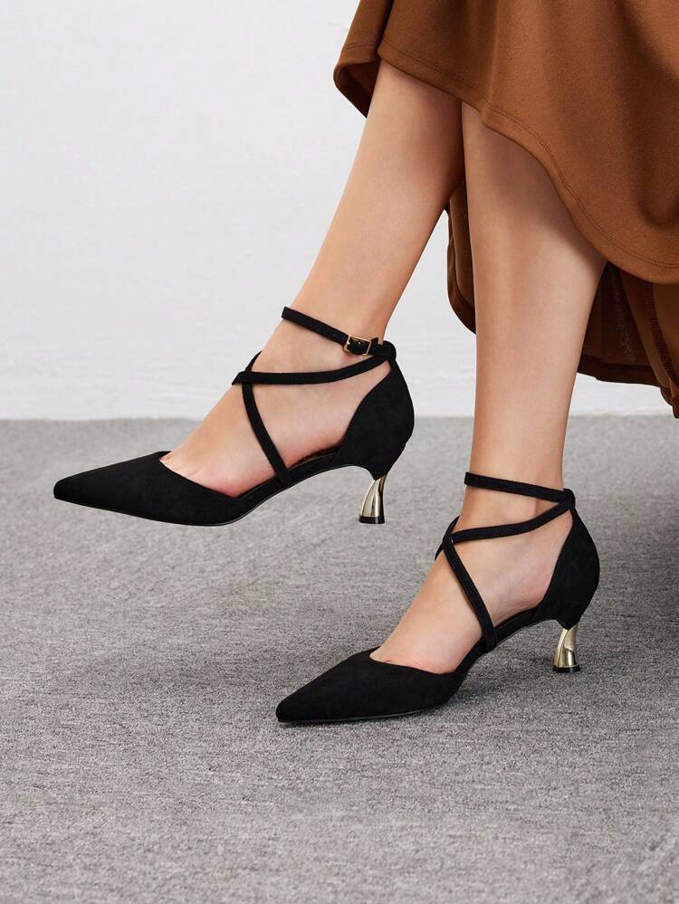 CUCCOO BIZCHIC Women's Black Velvet Pointed Toe Hollow Out Electroplated Heel Shoes Christmas Fall New Year Holiday