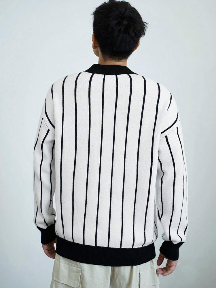 Men's Letter Pattern Striped Polo Collar Long Sleeve Knitted Sweater, Casual Autumn Business Attire