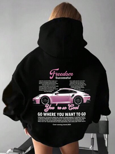 INAWLY Women's Casual Slogan & Car Print Drop Shoulder Long Sleeve Hoodie, Autumn & Winter,Long Sleeve Tops Graduation,Back To School Outfits,Graduation,Teacher Outfits For Women,Back To School Pullover Fall Outfit