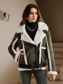 Anewsta Chaqueta de mujer con bloqueo de color en contraste y - Verde militar - Ver 5