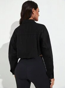 Breezaya Women's Casual Drop Shoulder Long Sleeve Cropped Denim Jacket - Black - View 2