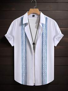 Manfinity RSRT 男士度假休闲几何印花短袖衬衫 - 白色 - 查看 4