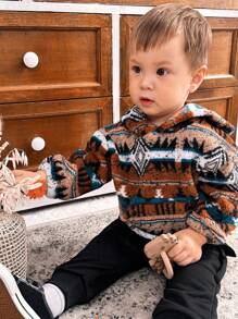 SHEIN 2pcs Baby Boys'  Long Sleeve Sweatshirt And Pants Set With Plush Retro Pattern