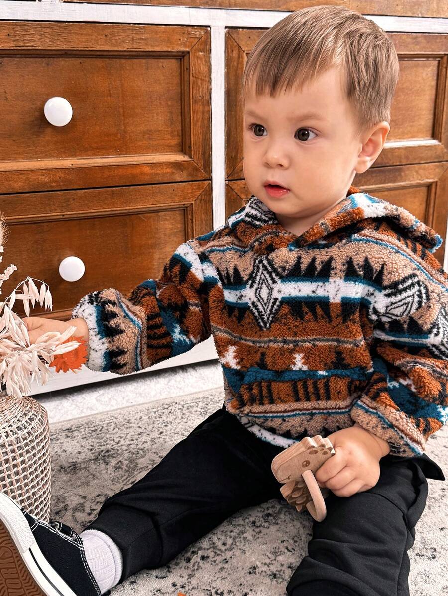 SHEIN 2pcs Baby Boys'  Long Sleeve Sweatshirt And Pants Set With Plush Retro Pattern