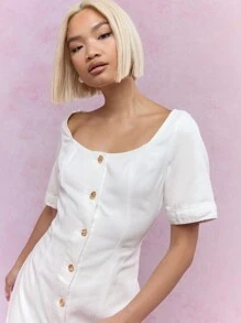 MISSGUIDED Vestido vaquero mini con cuello de escote redondo, mangas cortas y abotonado - Blanco - Ver 3
