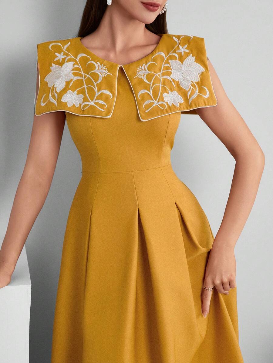 Modelyn 女性復古花紋夏季腰部收束連衣裙 - 黃色 - 查看 1