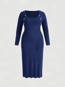 SHEIN MOD Vestido azul marino de estilo vintage con decoración de botones, para mujeres de talla grande