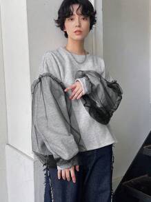 FRIFUL Women Mesh Panel Long Sleeve Thermal Lined Sweatshirt,Thermal Lined Fall,Winter - Grey - View 6