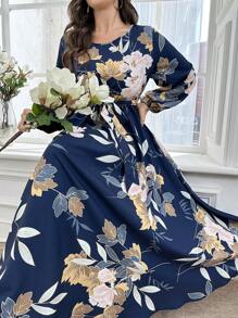 Lacomfia Gaun Panjang Bermotif Bunga Ukuran Besar dengan Sabuk, Gaun Maxi Wanita Motif Acak, Pakaian Musim Gugur untuk Wanita - Navy Blue - View 3