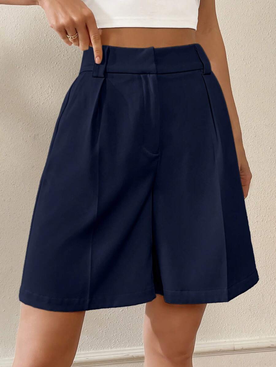 SHEIN Essnce 女士夏季经典齐膝高腰休闲短裤 - 藏蓝色 - 查看 1