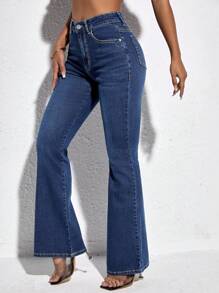 SHEIN PETITE Plain Color Denim Pants With Pockets And Button Closure - Medium Wash - View 4
