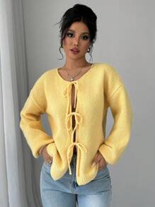 EMERY ROSE Women's Round Neck Soft & Sweet Casual Front Tie Design Long Sleeve Cardigan,Long Sleeve Tops Fall Winter Cloth For Women - Yellow - View 4