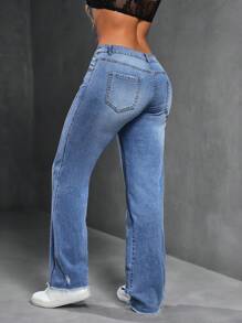 SHEIN SXY 女式口袋喇叭休闲百搭牛仔裤 - 中等水洗藍 - 查看 2