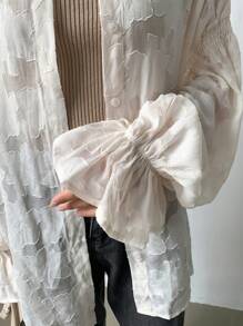 FRIFUL 女式花卉刺绣圆领喇叭袖纽扣宽松优雅衬衫，春夏 - 白色 - 查看 6