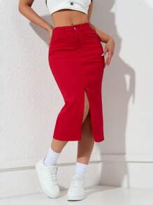 SHEIN Unity 女式纽扣装饰腰带设计修身开叉牛仔迷你裙 - 紅色 - 查看 2