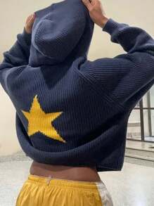 INAWLY 女士宽松连帽毛衣，饰有五角星图案，秋冬季长袖上衣，针织套头衫 - 寶藍色 - 查看 2