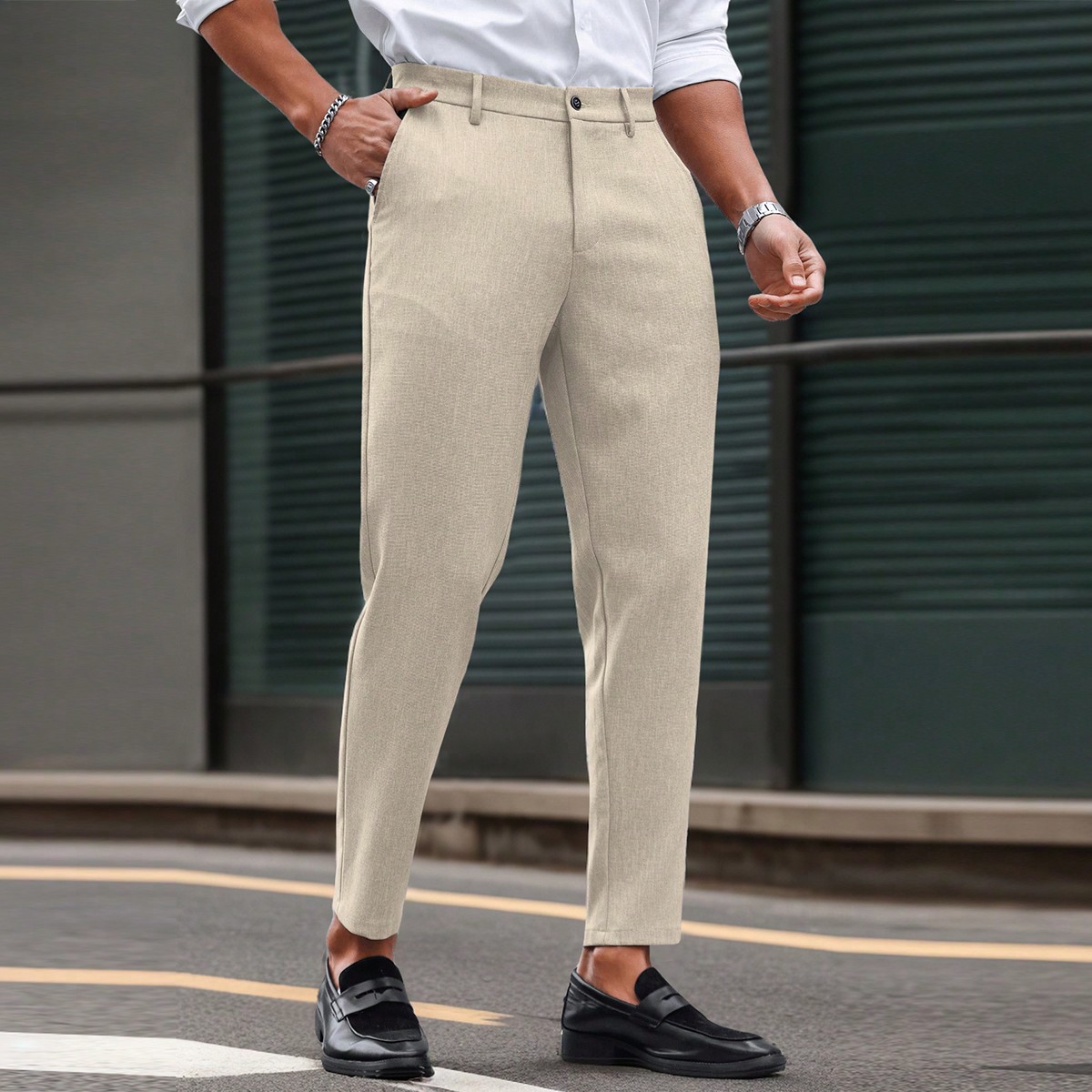 Pantalones de traje formal de unicolor y ajuste ceñido para hombre con bolsillos, formal, ceremonia