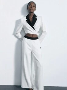 Maija Women's Turndown Collar Contrast Color Long Sleeve Top And Straight Leg Casual Pants Suit - Black and White - View 7