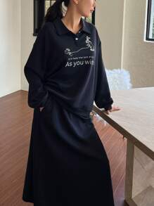 DAZY 线条画兔子印花翻领运动衫和迷你裙休闲家居服套装睡衣 - 藏蓝色 - 查看 3