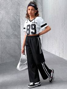 SHEIN 少女休闲宽松梭织运动裤，母女装（两件套，分开出售） - 黑色 - 查看 4