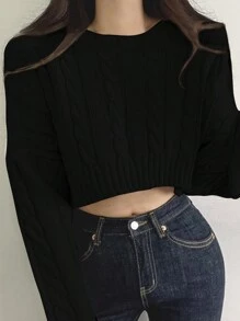 DAZY 女式圆领纯色黑色简约休闲舒适套头毛衣，长袖上衣秋季