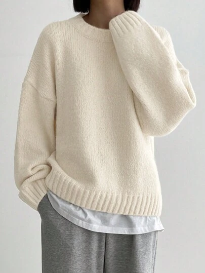 DAZY 女士纯色落肩圆领宽松针织套头衫，秋冬，长袖上衣，秋季女装