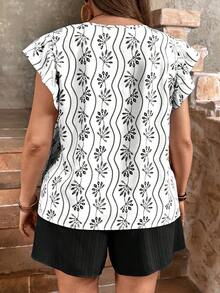 SHEIN LUNE 2 件大码休闲花卉印花盖袖衬衫和短裤套装 - 黑色 - 查看 4