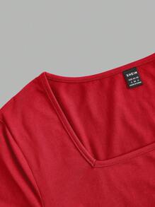 SHEIN 3 piezas/set de tops de verano ajustados de manga corta con cuello cuadrado en negro, blanco y gris para maternidad - Rojo - Ver 10