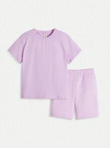 SHEIN Toddler Girls Cotton Drop Shoulder Top & Cycling Shorts Set - Lilac Purple - View 1