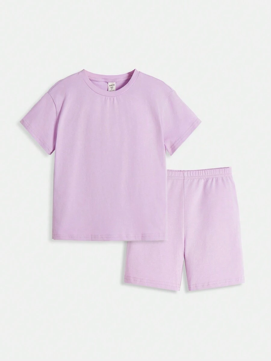 SHEIN Toddler Girls Cotton Drop Shoulder Top & Cycling Shorts Set - Lilac Purple - View 1