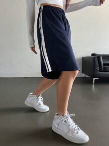 DAZY 夏季彩邊側縫彈性腰短褲 - 藏蓝色 - 查看 1