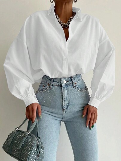 Baumwoll Einfarbig Drop Shoulder Oversized Hemd