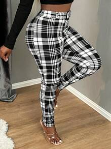 SHEIN SXY Women's Plaid High Waist Slim Leg Pants, Casual Daily Wear High Waisted Pants