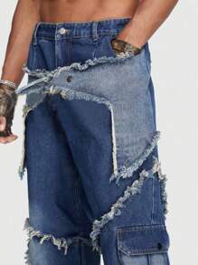 ROMWE MEN ROMWE Avant Men Raw Trim Flap Pocket Cargo Baggy Jeans