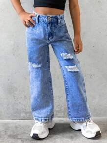 Young Girl Ripped Straight Leg Jeans - Light Wash - View 7