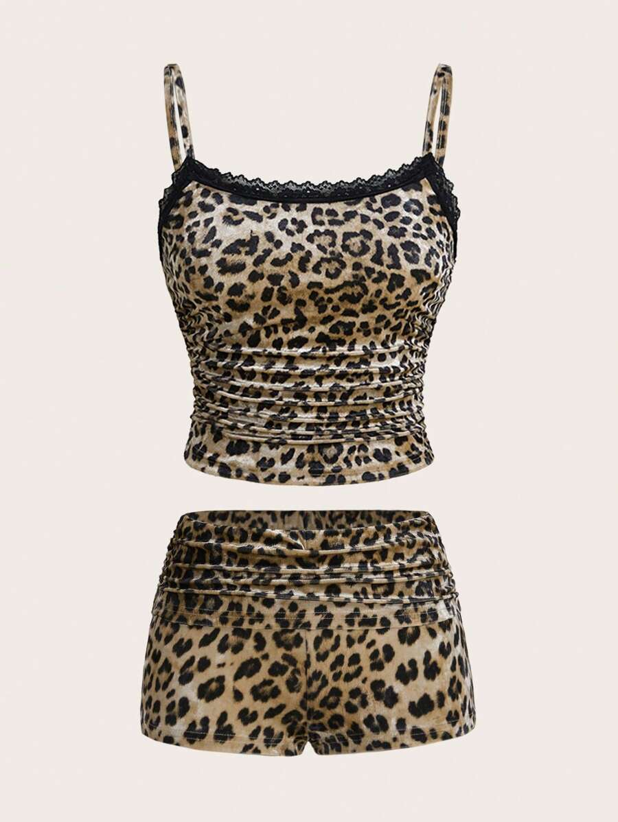 SHEIN EZwear 2 件套时尚天鹅绒豹纹吊带背心和短裤套装，夏季 - 粉色 - 查看 1