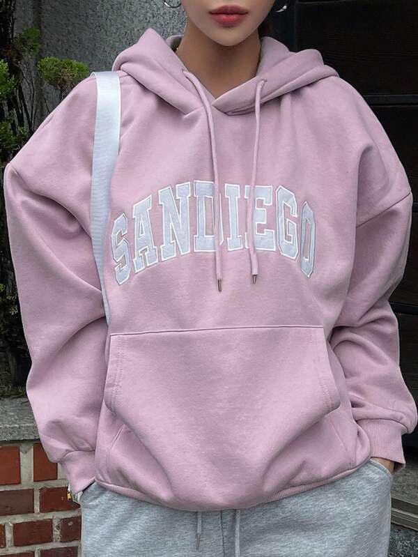 DAZY Women's Loose Fit Letter Embroidery Drop Shoulder Sleeve Casual Pink Hoodie For Fall/Winter,Long Sleeve Tops