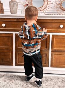 SHEIN 2pcs Baby Boys'  Long Sleeve Sweatshirt And Pants Set With Plush Retro Pattern