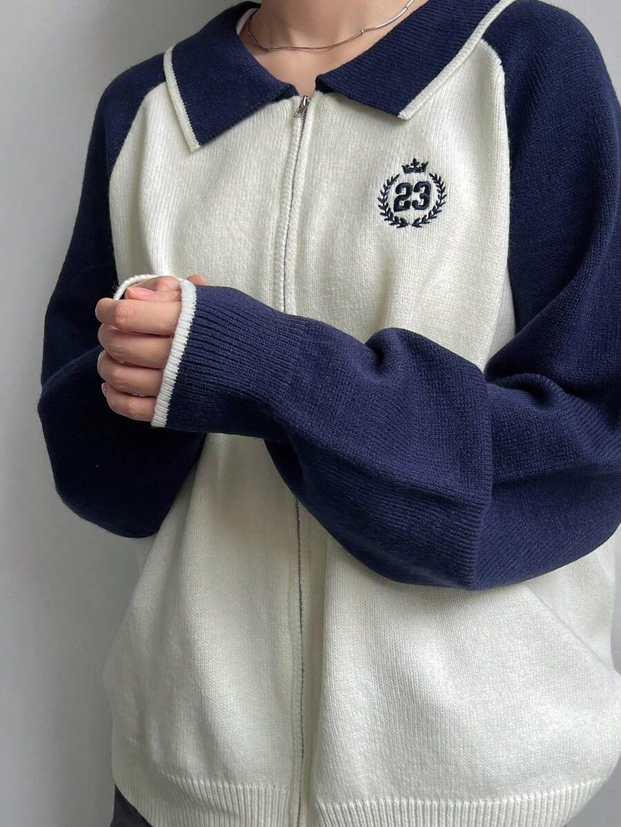 FRIFUL 女式字母印花拼色长袖拉链休闲开衫，秋冬