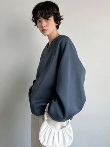 Women's Loose Fit Solid Color Fleece Pullover With Drawstring Back,Fall Women Clothes Sweatshirt,Winter - Blue - View 4