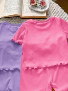 SHEIN LMoss Kids LMoss 6件套女婴纯色针织短袖上衣和松紧腰短裤休闲装 - 綠色 - 查看 8