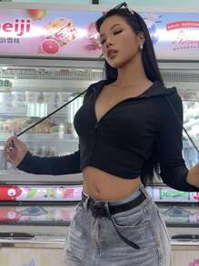 SHEIN EZwear 女式休闲简约修身拉链连帽运动衫，适合秋冬季，长袖上衣 - 黑色 - 查看 8