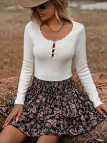 SHEIN VCAY Solid Color Hollow Out Ruffle Hem Simple Sweater, Casual Dailywear,Fall Women Outfits,Fall Sweaters - White - View 5