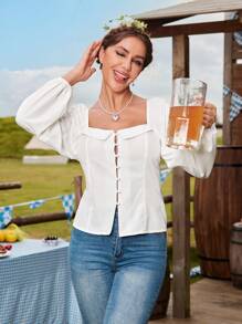 Chiquease 纯色前扣长袖简约休闲衬衫 - 白色 - 查看 1